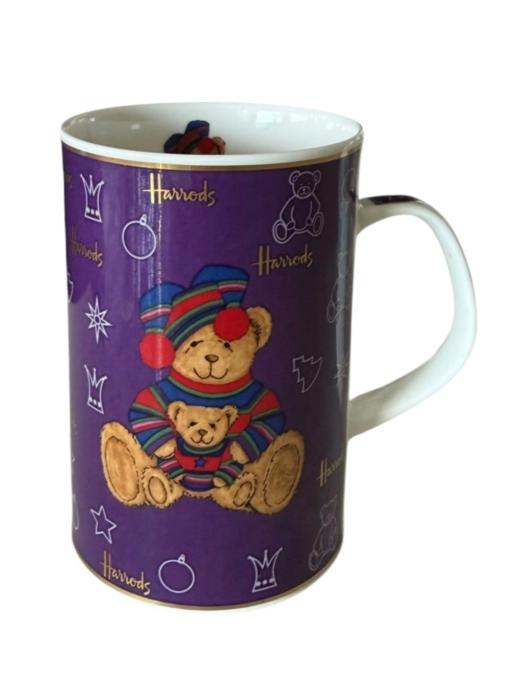 Harrods Knightsbridge England Christmas Bear Purple Bone China Mug Cup